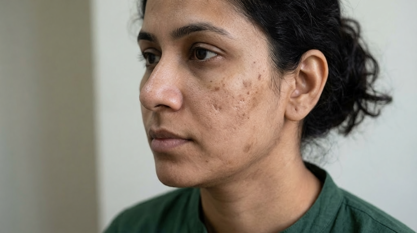 Skin with deep pigmentation and acne marks &mdash; before treatment